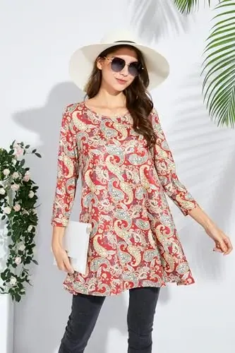 ENMAIN Womens Tops 3/4 Sleeve Plus Size Tunics to Wear with Leggings Dressy Casual Loose Blouses Swing Flare T-Shirt S-5XL - 6