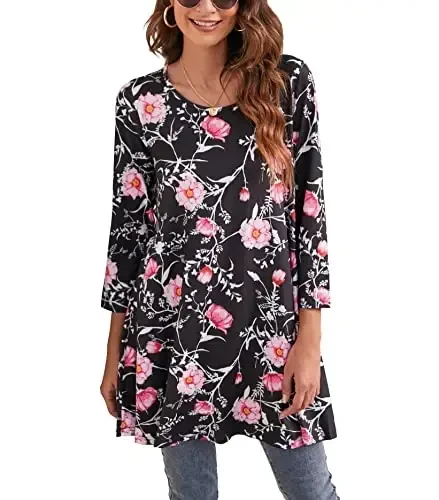 ENMAIN Womens Tops 3/4 Sleeve Plus Size Tunics to Wear with Leggings Dressy Casual Loose Blouses Swing Flare T-Shirt S-5XL - 1