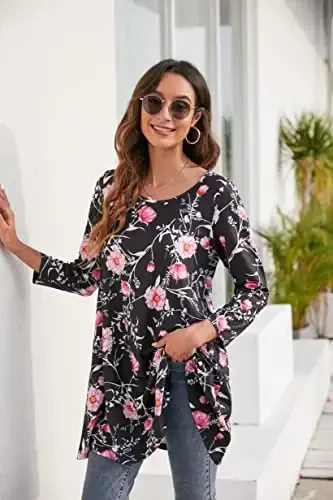 ENMAIN Womens Tops 3/4 Sleeve Plus Size Tunics to Wear with Leggings Dressy Casual Loose Blouses Swing Flare T-Shirt S-5XL - 4