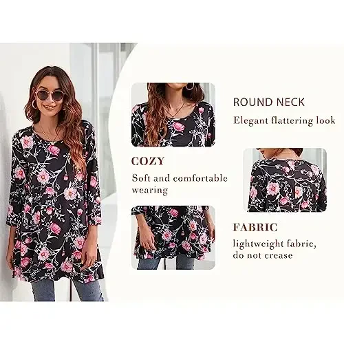 ENMAIN Womens Tops 3/4 Sleeve Plus Size Tunics to Wear with Leggings Dressy Casual Loose Blouses Swing Flare T-Shirt S-5XL - 6