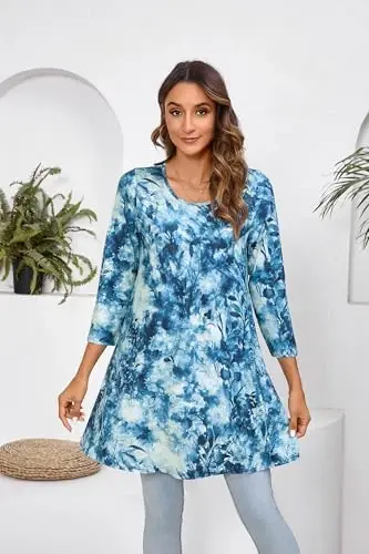 ENMAIN Womens Tops 3/4 Sleeve Plus Size Tunics to Wear with Leggings Dressy Casual Loose Blouses Swing Flare T-Shirt S-5XL - 2