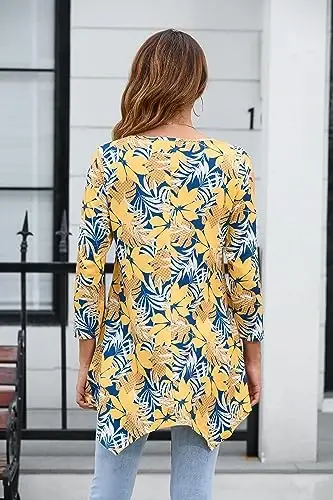 ENMAIN Womens Tops 3/4 Sleeve Plus Size Tunics to Wear with Leggings Dressy Casual Loose Blouses Swing Flare T-Shirt S-5XL - 2