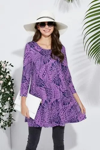 ENMAIN Womens Tops 3/4 Sleeve Plus Size Tunics to Wear with Leggings Dressy Casual Loose Blouses Swing Flare T-Shirt S-5XL - 6