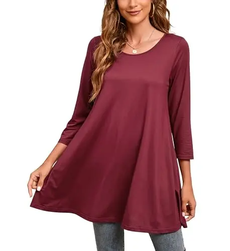 ENMAIN Womens Tops 3/4 Sleeve Plus Size Tunics to Wear with Leggings Dressy Casual Loose Blouses Swing Flare T-Shirt S-5XL 