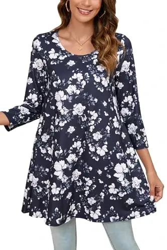 ENMAIN Womens Tops 3/4 Sleeve Plus Size Tunics to Wear with Leggings Dressy Casual Loose Blouses Swing Flare T-Shirt S-5XL - 1