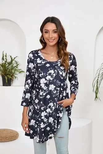 ENMAIN Womens Tops 3/4 Sleeve Plus Size Tunics to Wear with Leggings Dressy Casual Loose Blouses Swing Flare T-Shirt S-5XL - 3