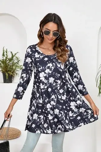 ENMAIN Womens Tops 3/4 Sleeve Plus Size Tunics to Wear with Leggings Dressy Casual Loose Blouses Swing Flare T-Shirt S-5XL - 5