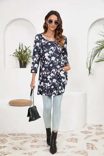 ENMAIN Womens Tops 3/4 Sleeve Plus Size Tunics to Wear with Leggings Dressy Casual Loose Blouses Swing Flare T-Shirt S-5XL - 6