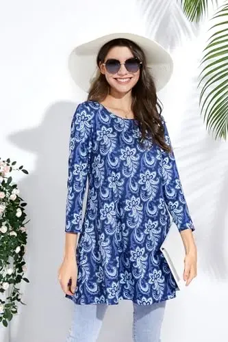 ENMAIN Womens Tops 3/4 Sleeve Plus Size Tunics to Wear with Leggings Dressy Casual Loose Blouses Swing Flare T-Shirt S-5XL - 6