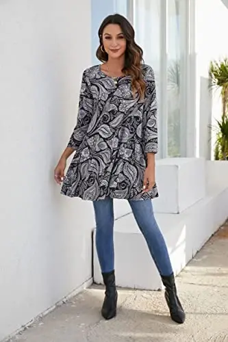 ENMAIN Womens Tops 3/4 Sleeve Plus Size Tunics to Wear with Leggings Dressy Casual Loose Blouses Swing Flare T-Shirt S-5XL - 5