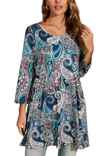 ENMAIN Womens Tops 3/4 Sleeve Plus Size Tunics to Wear with Leggings Dressy Casual Loose Blouses Swing Flare T-Shirt S-5XL - 1