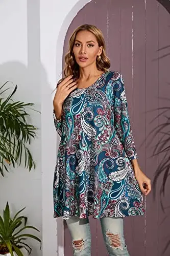 ENMAIN Womens Tops 3/4 Sleeve Plus Size Tunics to Wear with Leggings Dressy Casual Loose Blouses Swing Flare T-Shirt S-5XL - 6