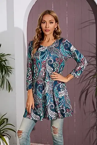 ENMAIN Womens Tops 3/4 Sleeve Plus Size Tunics to Wear with Leggings Dressy Casual Loose Blouses Swing Flare T-Shirt S-5XL - 4