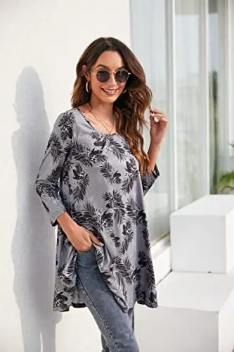 ENMAIN Womens Tops 3/4 Sleeve Plus Size Tunics to Wear with Leggings Dressy Casual Loose Blouses Swing Flare T-Shirt S-5XL - 6