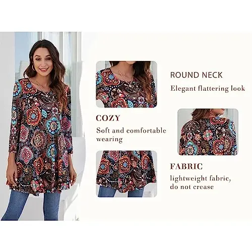ENMAIN Womens Tops 3/4 Sleeve Plus Size Tunics to Wear with Leggings Dressy Casual Loose Blouses Swing Flare T-Shirt S-5XL - 6