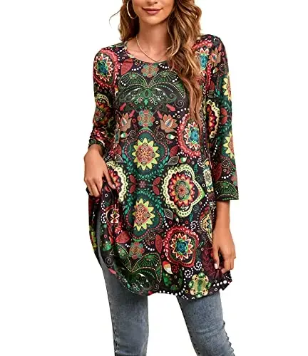 ENMAIN Womens Tops 3/4 Sleeve Plus Size Tunics to Wear with Leggings Dressy Casual Loose Blouses Swing Flare T-Shirt S-5XL - ENMAIN