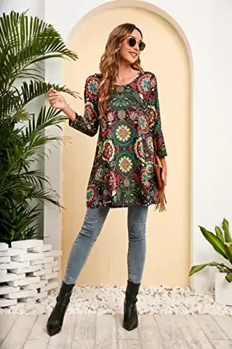 ENMAIN Womens Tops 3/4 Sleeve Plus Size Tunics to Wear with Leggings Dressy Casual Loose Blouses Swing Flare T-Shirt S-5XL - 5