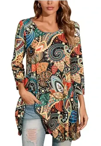 ENMAIN Womens Tops 3/4 Sleeve Plus Size Tunics to Wear with Leggings Dressy Casual Loose Blouses Swing Flare T-Shirt S-5XL - MODAZONE
