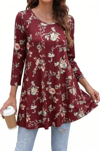 ENMAIN Womens Tops 3/4 Sleeve Tunic Tops Dressy Casual Plus Size Tunic To Wear With Leggings Swing Shirt Loose Fit Blouses 