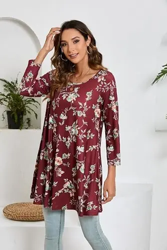 ENMAIN Women's Tops 3/4 Sleeve Dressy Casual Plus Size Tunic Tops to Wear with Leggings Swing Flare T-Shirt Loose Fit Blouses - 2