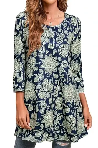 ENMAIN Women's Tops 3/4 Sleeve Dressy Casual Plus Size Tunic Tops to Wear with Leggings Swing Flare T-Shirt Loose Fit Blouses - 1