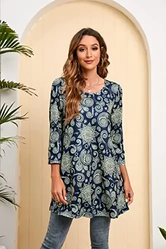 ENMAIN Women's Tops 3/4 Sleeve Dressy Casual Plus Size Tunic Tops to Wear with Leggings Swing Flare T-Shirt Loose Fit Blouses - 2