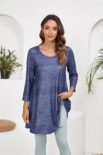 ENMAIN Women's Tops 3/4 Sleeve Dressy Casual Plus Size Tunic Tops to Wear with Leggings Swing Flare T-Shirt Loose Fit Blouses - 4