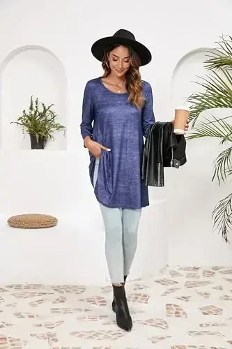 ENMAIN Women's Tops 3/4 Sleeve Dressy Casual Plus Size Tunic Tops to Wear with Leggings Swing Flare T-Shirt Loose Fit Blouses - 6