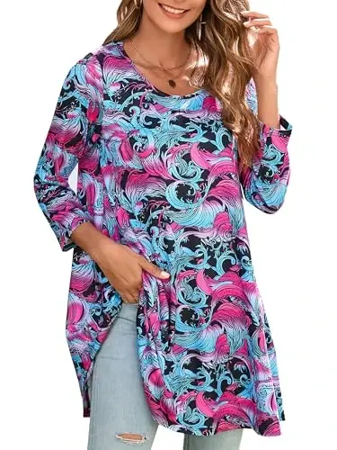 ENMAIN Women's Tops 3/4 Sleeve Dressy Casual Plus Size Tunic Tops to Wear with Leggings Swing Flare T-Shirt Loose Fit Blouses - MODAZONE