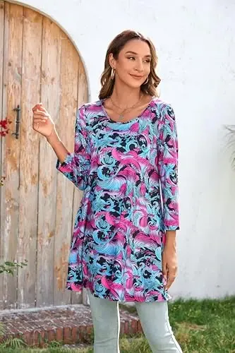 ENMAIN Women's Tops 3/4 Sleeve Dressy Casual Plus Size Tunic Tops to Wear with Leggings Swing Flare T-Shirt Loose Fit Blouses - 2
