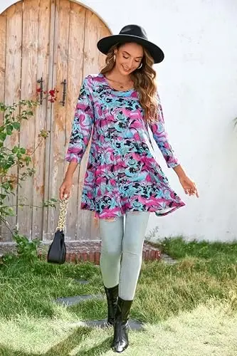 ENMAIN Women's Tops 3/4 Sleeve Dressy Casual Plus Size Tunic Tops to Wear with Leggings Swing Flare T-Shirt Loose Fit Blouses - 5