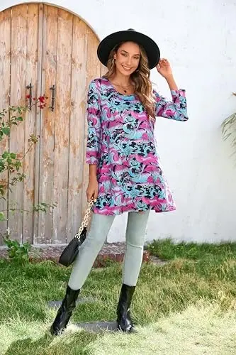 ENMAIN Women's Tops 3/4 Sleeve Dressy Casual Plus Size Tunic Tops to Wear with Leggings Swing Flare T-Shirt Loose Fit Blouses - 6