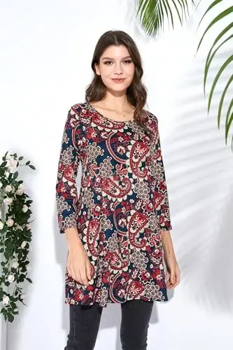 ENMAIN Women's Tops 3/4 Sleeve Dressy Casual Plus Size Tunic Tops to Wear with Leggings Swing Flare T-Shirt Loose Fit Blouses - 2