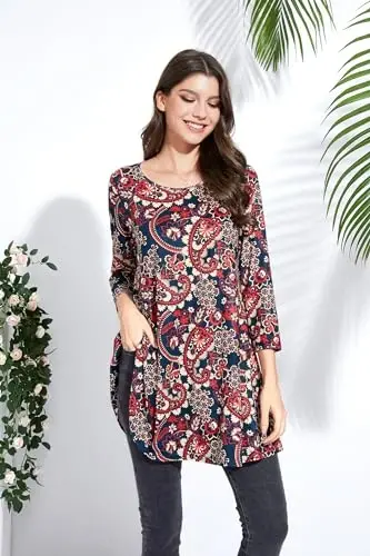 ENMAIN Women's Tops 3/4 Sleeve Dressy Casual Plus Size Tunic Tops to Wear with Leggings Swing Flare T-Shirt Loose Fit Blouses - 3