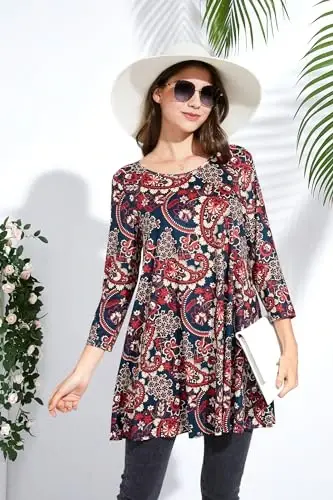 ENMAIN Women's Tops 3/4 Sleeve Dressy Casual Plus Size Tunic Tops to Wear with Leggings Swing Flare T-Shirt Loose Fit Blouses - 5