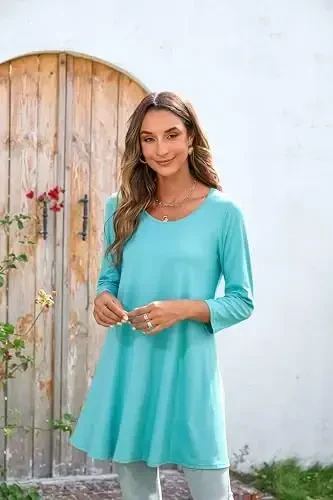 ENMAIN Women's Tops 3/4 Sleeve Dressy Casual Plus Size Tunic Tops to Wear with Leggings Swing Flare T-Shirt Loose Fit Blouses - 2