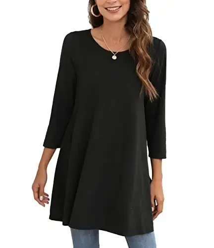 ENMAIN Women's Tops 3/4 Sleeve Dressy Casual Plus Size Tunic Tops to Wear with Leggings Swing Flare T-Shirt Loose Fit Blouses - 1