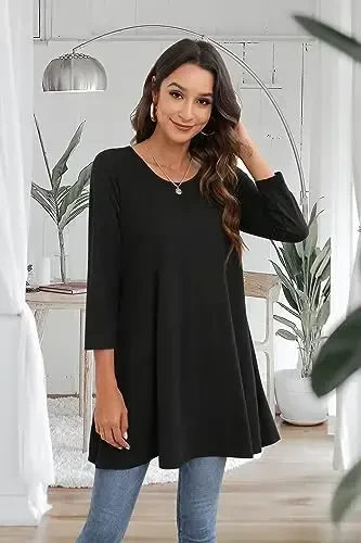 ENMAIN Women's Tops 3/4 Sleeve Dressy Casual Plus Size Tunic Tops to Wear with Leggings Swing Flare T-Shirt Loose Fit Blouses - 2