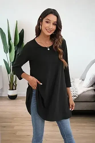 ENMAIN Women's Tops 3/4 Sleeve Dressy Casual Plus Size Tunic Tops to Wear with Leggings Swing Flare T-Shirt Loose Fit Blouses - 4