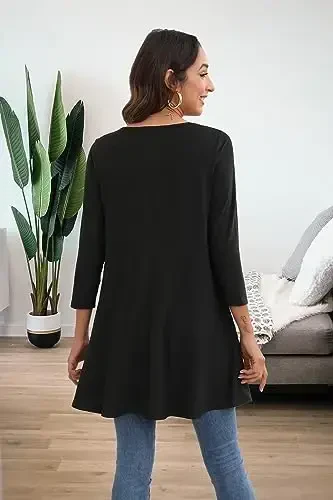 ENMAIN Women's Tops 3/4 Sleeve Dressy Casual Plus Size Tunic Tops to Wear with Leggings Swing Flare T-Shirt Loose Fit Blouses - 5