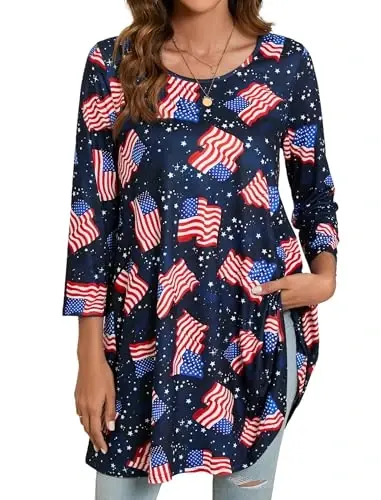 ENMAIN Women's Tops 3/4 Sleeve Dressy Casual Plus Size Tunic Tops to Wear with Leggings Swing Flare T-Shirt Loose Fit Blouses - 1