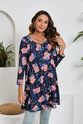 ENMAIN Women's Tops 3/4 Sleeve Dressy Casual Plus Size Tunic Tops to Wear with Leggings Swing Flare T-Shirt Loose Fit Blouses - 2