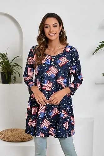 ENMAIN Women's Tops 3/4 Sleeve Dressy Casual Plus Size Tunic Tops to Wear with Leggings Swing Flare T-Shirt Loose Fit Blouses - 3