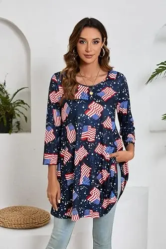 ENMAIN Women's Tops 3/4 Sleeve Dressy Casual Plus Size Tunic Tops to Wear with Leggings Swing Flare T-Shirt Loose Fit Blouses - 4