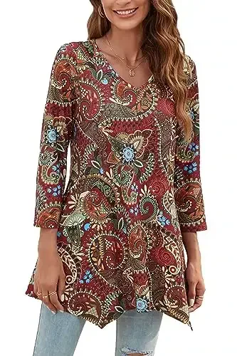 ENMAIN Women's Tops 3/4 Sleeve Dressy Casual Plus Size Tunic Tops to Wear with Leggings Swing Flare T-Shirt Loose Fit Blouses 