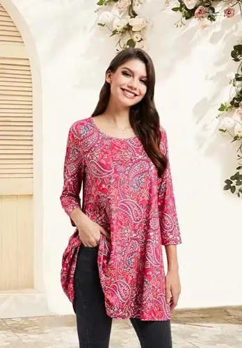 ENMAIN Women's Tops 3/4 Sleeve Dressy Casual Plus Size Tunic Tops to Wear with Leggings Swing Flare T-Shirt Loose Fit Blouses - 3