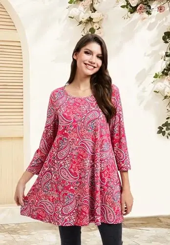 ENMAIN Women's Tops 3/4 Sleeve Dressy Casual Plus Size Tunic Tops to Wear with Leggings Swing Flare T-Shirt Loose Fit Blouses - 4