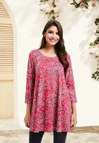 ENMAIN Women's Tops 3/4 Sleeve Dressy Casual Plus Size Tunic Tops to Wear with Leggings Swing Flare T-Shirt Loose Fit Blouses - 5