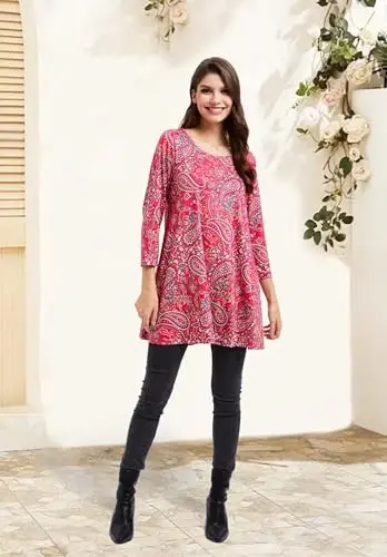 ENMAIN Women's Tops 3/4 Sleeve Dressy Casual Plus Size Tunic Tops to Wear with Leggings Swing Flare T-Shirt Loose Fit Blouses - 6