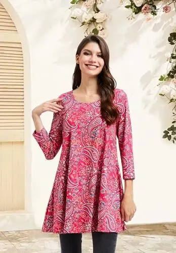 ENMAIN Women's Tops 3/4 Sleeve Dressy Casual Plus Size Tunic Tops to Wear with Leggings Swing Flare T-Shirt Loose Fit Blouses - 2